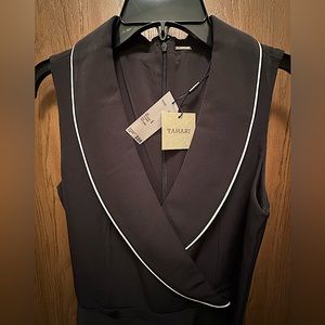 Tahari Lapel Collar V-Neck Sleeveless Piping Detail Tie Waist Scuba Jumpsuit.